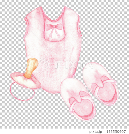 Charming pink baby bodysuit with shoes and pacifier design for nursery decor. Watercolor illustration for card, invitation. For gender reveal party, baby shower, baptism, boy or girl party, Isolated 133550407
