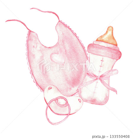 Delicate baby essentials collection featuring pink bib, pacifier, and baby bottle for nursery decor. For gender reveal party, baby shower, baptism, boy or girl party, Isolated. Watercolor illustration 133550408