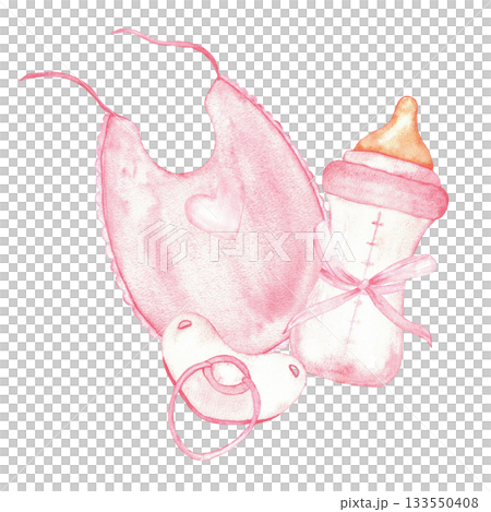 Delicate baby essentials collection featuring pink bib, pacifier, and baby bottle for nursery decor. For gender reveal party, baby shower, baptism, boy or girl party, Isolated. Watercolor illustration 133550408
