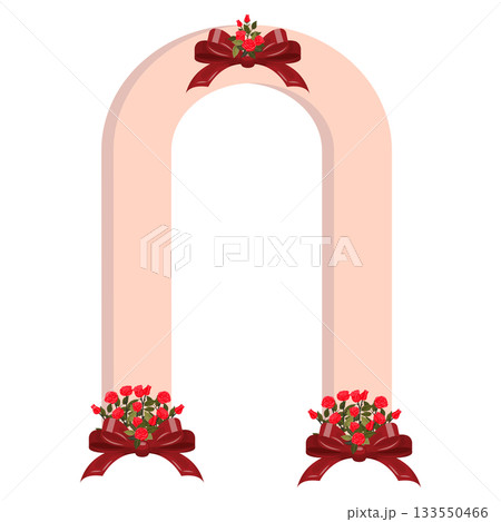 A wedding arch decorated with three bouquets of roses with red bows at the base and top. Vector illustration isolated on a white background. A wedding arch decorated with three bouquets of roses with red bows at the base and top. Vector illustration isolated on a white background. 133550466