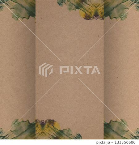 A recycled kraft paper background with subtle symmetrical watercolor accents along the edges. Soft green and yellow abstract shapes create a gentle artistic frame. Textured surface for vintage design. A recycled kraft paper background with subtle symmetrical watercolor accents along the edges. Soft green and yellow abstract shapes create a gentle artistic frame. Textured surface for vintage design. 133550600