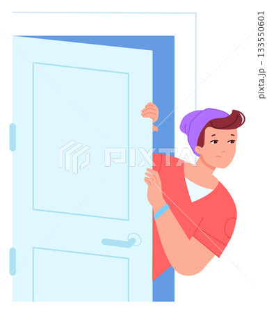 Guy look from open door. Young neighbor character Guy look from open door. Young neighbor character 133550601
