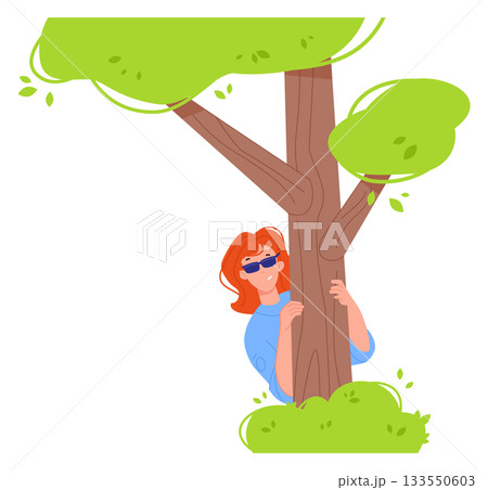 Woman look from tree. Person spying. Hidden surveillance Woman look from tree. Person spying. Hidden surveillance 133550603