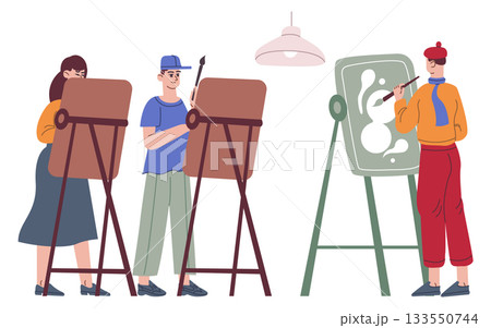 Art class students painting on canvases color icon 133550744
