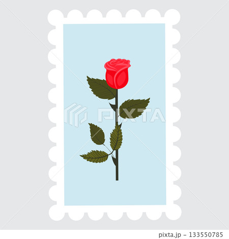 A postage stamp depicting a bright red rose on a stem. Vector illustration isolated on a gray background. A postage stamp depicting a bright red rose on a stem. Vector illustration isolated on a gray background. 133550785