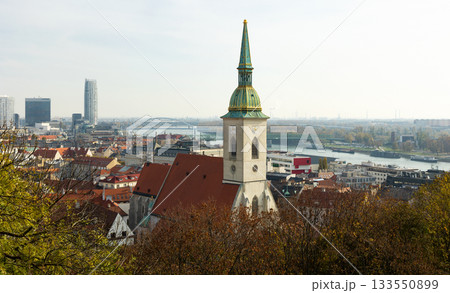 View of St. Martin Cathedral in historic district of Bratislava on autumn day 133550899