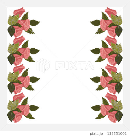 A frame decorated with dusty pink rose borders on the left and right edges. Vector illustration isolated on a white background. 133551001