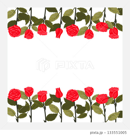 A frame decorated with bright red, lovely, delicate roses on stems at the top and bottom edges. Vector illustration isolated on a white background. A frame decorated with bright red, lovely, delicate roses on stems at the top and bottom edges. Vector illustration isolated on a white background. 133551005
