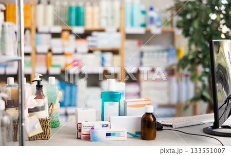 Close view of medical preparations in drugstore Close view of medical preparations in drugstore 133551007