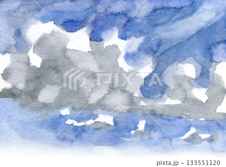 Soft watercolor sky painted in cool blue and gray tones, creating a calm and atmospheric mood. The abstract cloudy shapes suggest a peaceful northern landscape with delicate blended textures. 133551120