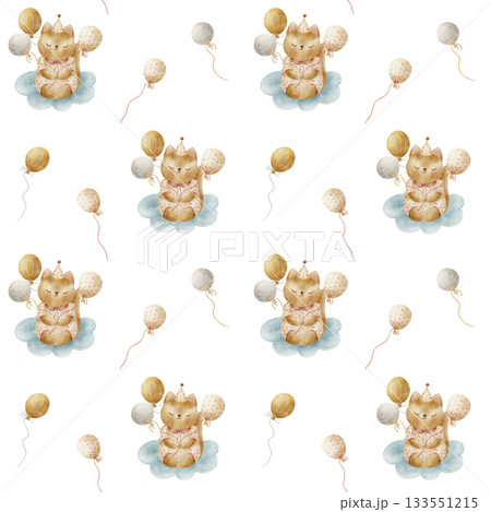 Pattern cute fox sitting on cloud, flying in vintage party balloons. Watercolor illustration hand drawn in delicate childish style. Print isolated from background for textiles baby clothing wallpaper Pattern cute fox sitting on cloud, flying in vintage party balloons. Watercolor illustration hand drawn in delicate childish style. Print isolated from background for textiles baby clothing wallpaper 133551215