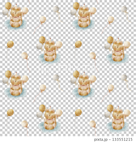 Pattern cute fox sitting on cloud, flying in vintage party balloons. Watercolor illustration hand drawn in delicate childish style. Print isolated from background for textiles baby clothing wallpaper Pattern cute fox sitting on cloud, flying in vintage party balloons. Watercolor illustration hand drawn in delicate childish style. Print isolated from background for textiles baby clothing wallpaper 133551215