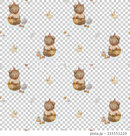 Pattern cute teddy bear duck sitting on cloud with toys cubes pyramid ball. Hand-drawn watercolor illustration in childish vintage style. Seamless print isolated from background for textiles wallpaper Pattern cute teddy bear duck sitting on cloud with toys cubes pyramid ball. Hand-drawn watercolor illustration in childish vintage style. Seamless print isolated from background for textiles wallpaper 133551220