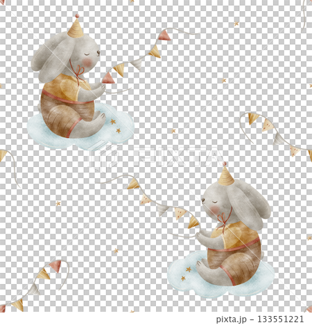 Pattern cute bunny in party hat on clouds, festive garland, stars. Watercolor illustration is hand-drawn in childish vintage style. Seamless print is isolated from background for textiles, wallpaper Pattern cute bunny in party hat on clouds, festive garland, stars. Watercolor illustration is hand-drawn in childish vintage style. Seamless print is isolated from background for textiles, wallpaper 133551221