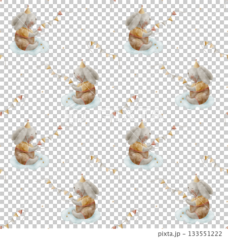 Pattern cute bunny in party hat on clouds, festive garland, stars. Watercolor illustration is hand-drawn in childish vintage style. Seamless print is isolated from background for textiles, wallpaper Pattern cute bunny in party hat on clouds, festive garland, stars. Watercolor illustration is hand-drawn in childish vintage style. Seamless print is isolated from background for textiles, wallpaper 133551222