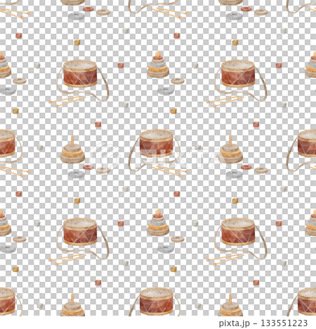Pattern of vintage toys, drum, pyramid cubes blocks. Hand-drawn watercolor illustration in childish style. Seamless print isolated from background for textiles fabrics baby clothes wallpaper packaging Pattern of vintage toys, drum, pyramid cubes blocks. Hand-drawn watercolor illustration in childish style. Seamless print isolated from background for textiles fabrics baby clothes wallpaper packaging 133551223