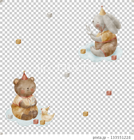 Pattern cute animals, bear, rabbit sitting on clouds, vintage toys, cubes. Hand-drawn watercolor illustration in childish style. Print isolated from background for textiles, fabrics, baby wallpaper Pattern cute animals, bear, rabbit sitting on clouds, vintage toys, cubes. Hand-drawn watercolor illustration in childish style. Print isolated from background for textiles, fabrics, baby wallpaper 133551228