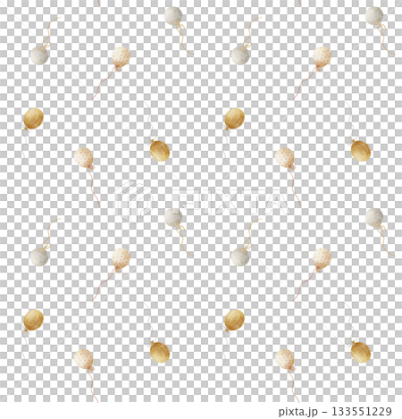 Seamless pattern flying party balloons. Watercolor illustration isolated on background, in gold, gray, beige colour in vintage children's style for textile design, fabric, packaging, birthday holidays Seamless pattern flying party balloons. Watercolor illustration isolated on background, in gold, gray, beige colour in vintage children's style for textile design, fabric, packaging, birthday holidays 133551229