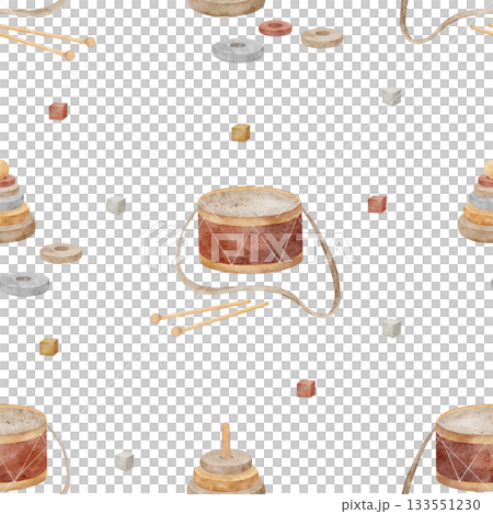 Pattern of vintage toys, drum, pyramid cubes blocks. Hand-drawn watercolor illustration in childish style. Seamless print isolated from background for textiles fabrics baby clothes wallpaper packaging Pattern of vintage toys, drum, pyramid cubes blocks. Hand-drawn watercolor illustration in childish style. Seamless print isolated from background for textiles fabrics baby clothes wallpaper packaging 133551230