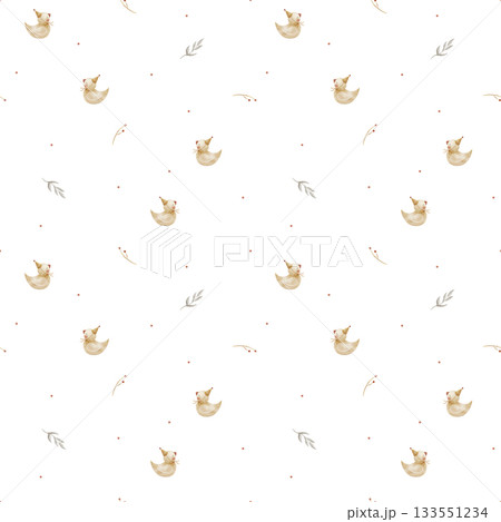 Pattern duck in party hat, vintage twig leaves, branch berries dots. Hand-drawn watercolor illustration in childish style. Seamless print isolated from background for baby textiles, clothing wallpaper Pattern duck in party hat, vintage twig leaves, branch berries dots. Hand-drawn watercolor illustration in childish style. Seamless print isolated from background for baby textiles, clothing wallpaper 133551234