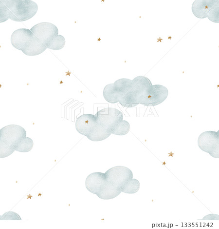 Watercolor illustrations blue clouds, beige stars. Pattern hand-drawn in vintage style. Seamless print isolated from background for newborn designs nurseries, fabrics, wallpaper, packaging, textiles 133551242