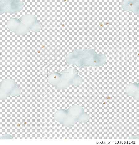 Watercolor illustrations blue clouds, beige stars. Pattern hand-drawn in vintage style. Seamless print isolated from background for newborn designs nurseries, fabrics, wallpaper, packaging, textiles 133551242