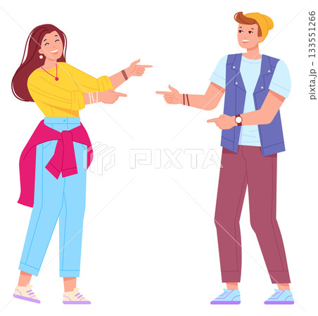 People happy to see each other. Greeting gesture pointing fingers 133551266