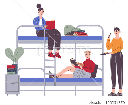 Students in dorm room. Studying young people together 133551270