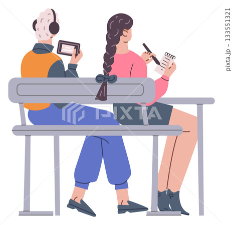 Studying students back view. Young people sit in class Studying students back view. Young people sit in class 133551321