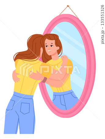 Woman hugging mirror self. Acceptance concept. Confident person Woman hugging mirror self. Acceptance concept. Confident person 133551326