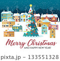 Christmas cityscape with decorated tree, colorful winter houses and snowfall, festive holiday greeting card with Merry Christmas and Happy New Year message, cozy urban night vector illustration 133551328