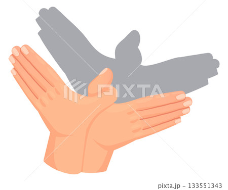 Flying bird hands shadow sign. Theater play Flying bird hands shadow sign. Theater play 133551343