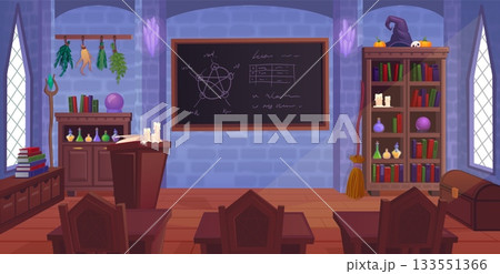 Magic school interior. Wizard classroom cartoon scene 133551366