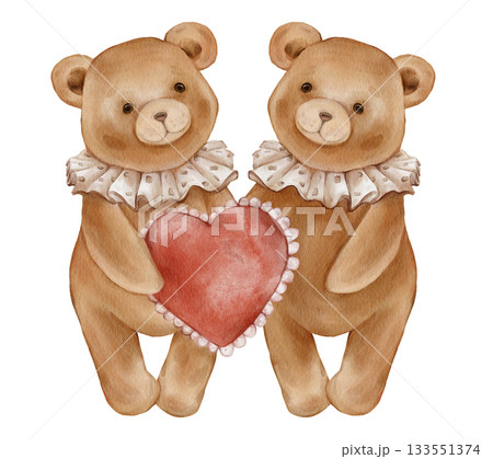 Watercolor Cute two Teddy Bears Holding Red Heart. Adorable Valentine Brown bear toy with vintage Jabot collar. Illustration hand drawn in retro style on isolated background for design greeting card 133551374