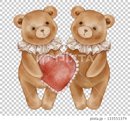 Watercolor Cute two Teddy Bears Holding Red Heart. Adorable Valentine Brown bear toy with vintage Jabot collar. Illustration hand drawn in retro style on isolated background for design greeting card 133551374
