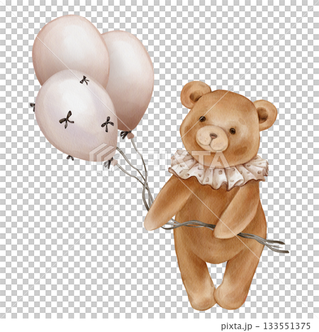 Watercolor Cute Teddy Bear Holding Balloon bunch. Valentine Brown bear toy with vintage Jabot collar. Illustration hand drawn in retro style on isolated background for design greeting cards. 133551375