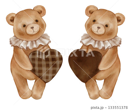 Watercolor Cute Teddy Bear Holding brown Heart. Adorable Valentine Brown bear toy with vintage Jabot collar. Illustration hand drawn in retro style on isolated background for design greeting cards. 133551378