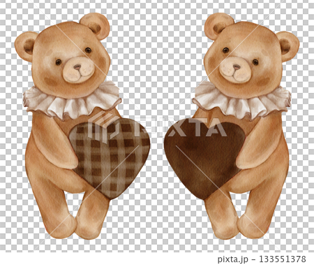 Watercolor Cute Teddy Bear Holding brown Heart. Adorable Valentine Brown bear toy with vintage Jabot collar. Illustration hand drawn in retro style on isolated background for design greeting cards. 133551378