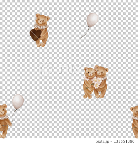 Seamless pattern with Watercolor Cute Teddy Bear Holding balloon and heart. Repeat ornament with Valentine Brown bear toy with vintage Jabot collar and daisy. Illustration hand drawn on isolated. 133551380