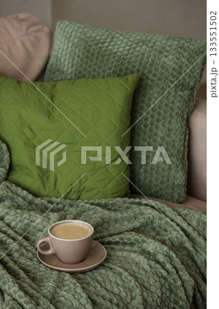 Cozy Living Room with Coffee Cup on Green Blanket Cozy Living Room with Coffee Cup on Green Blanket 133551502