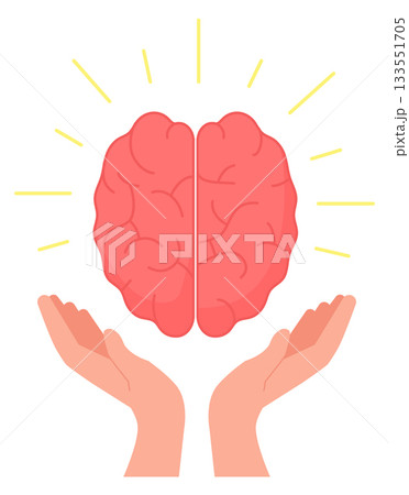 Brain treatment and care icon. Cartoon mind in human hands 133551705