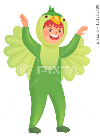 Playing kid in green parrot costume. Cartoon teenager 133551790