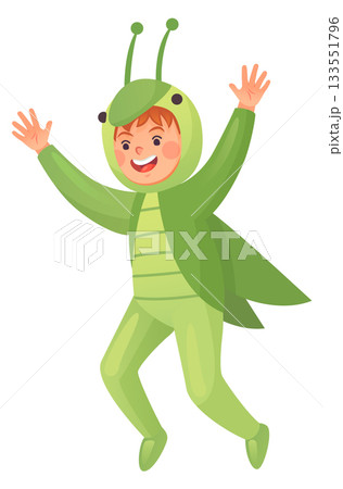 Funny boy in grasshopper costume jumping. Cheerful party kid 133551796