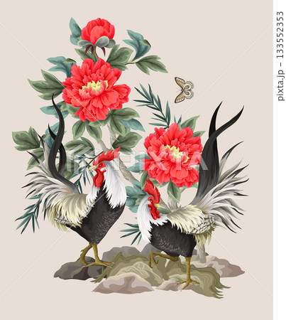 Roosters and peonies flowers isolated. Vector. 133552353