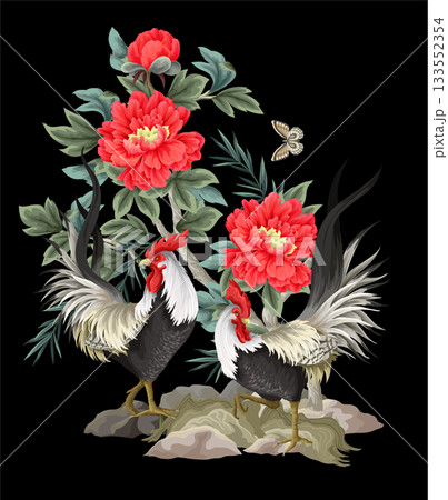 Roosters and peonies flowers isolated. Vector. Roosters and peonies flowers isolated. Vector. 133552354