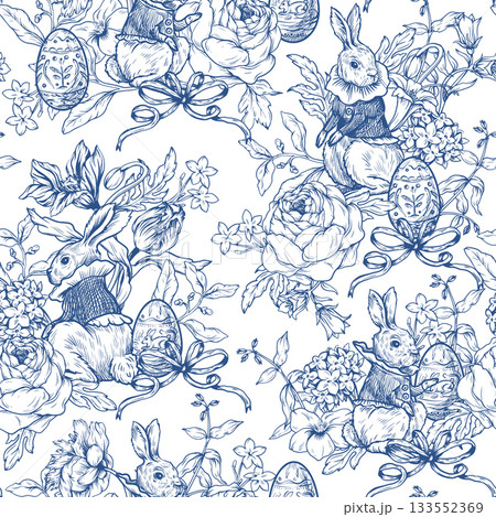 Easter rabbit seamless vector pattern with eggs flowers vintage toile style holiday design 133552369