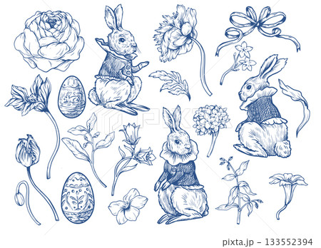 Easter rabbit vector set with eggs flowers and ribbons vintage isolated holiday illustration 133552394
