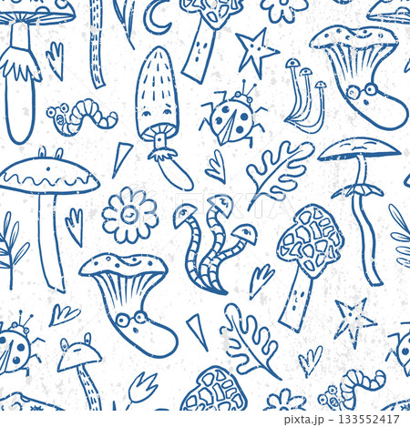 Mushroom autumn vector seamless pattern with forest worms flowers leaves and funny insects 133552417