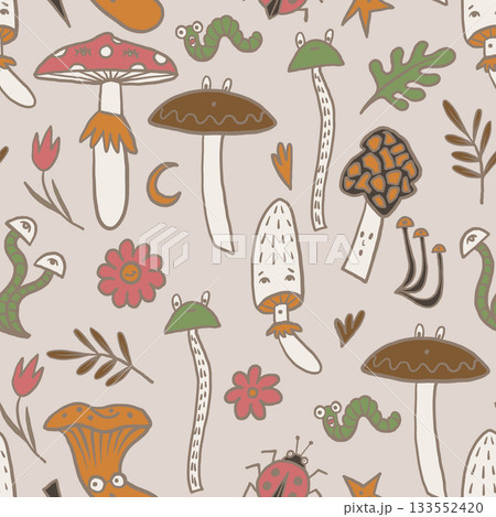 Mushroom autumn vector seamless pattern with forest worms flowers leaves and funny insects 133552420