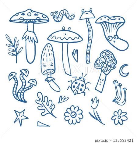 Mushroom autumn vector with forest worms flowers leaves and funny insects Mushroom autumn vector with forest worms flowers leaves and funny insects 133552421